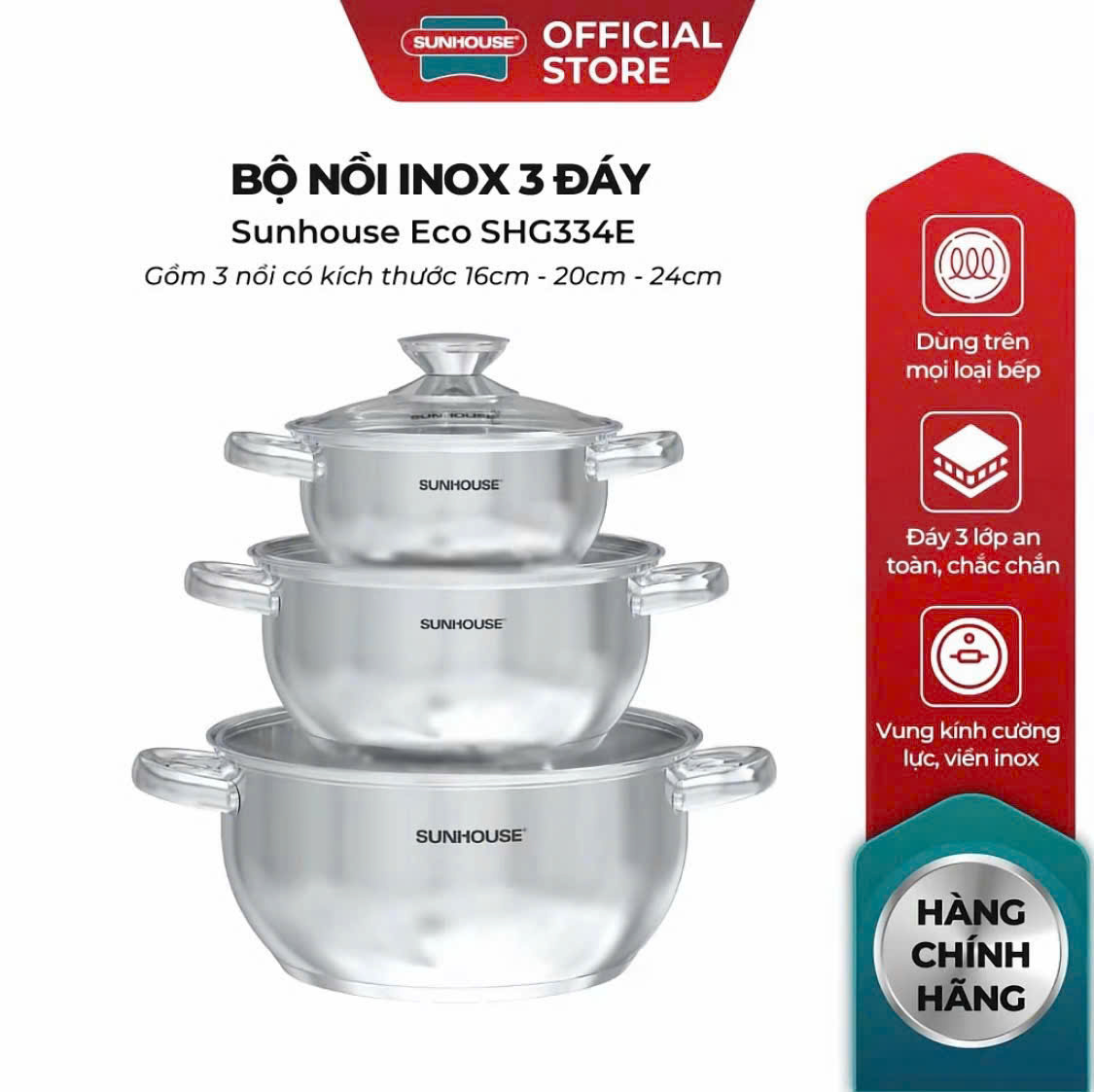 Bộ nồi inox 3 đáy SunHouse