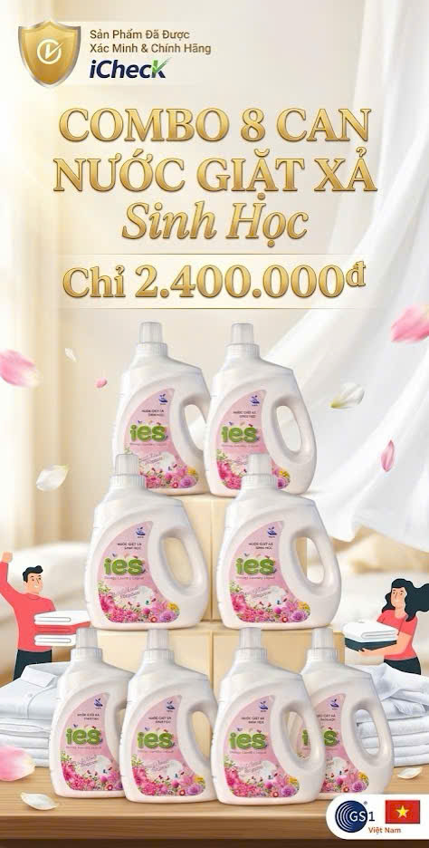 Combo Nước Giặt Xả Sinh Học IES Hương Hoa Hồng 3 Lit - 8 Can