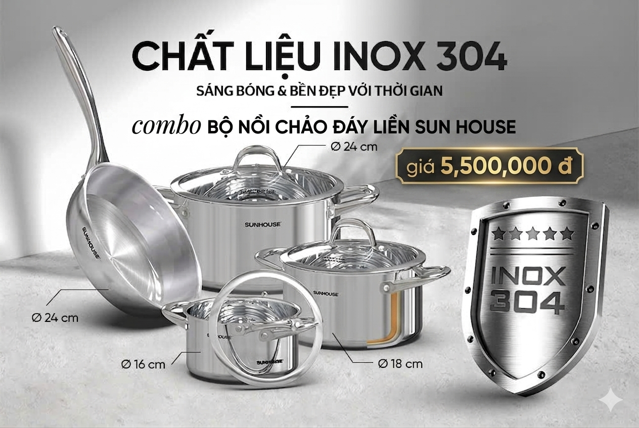 Combo Bộ Nồi Chảo Đáy Liền Sunhouse